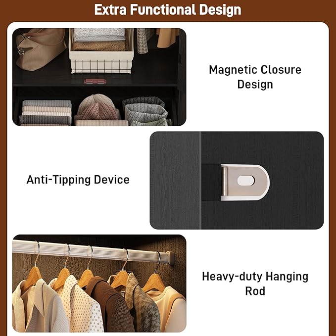 chartustriable 2 Doors Arched Armoire Wardrobe Closet w/Drawers,LED Light,Wooden Closet Wardrobe Cabinet with Hanging Rod for Bedroom,Modern Armoire Storage Cabinet w/Shelf,Black