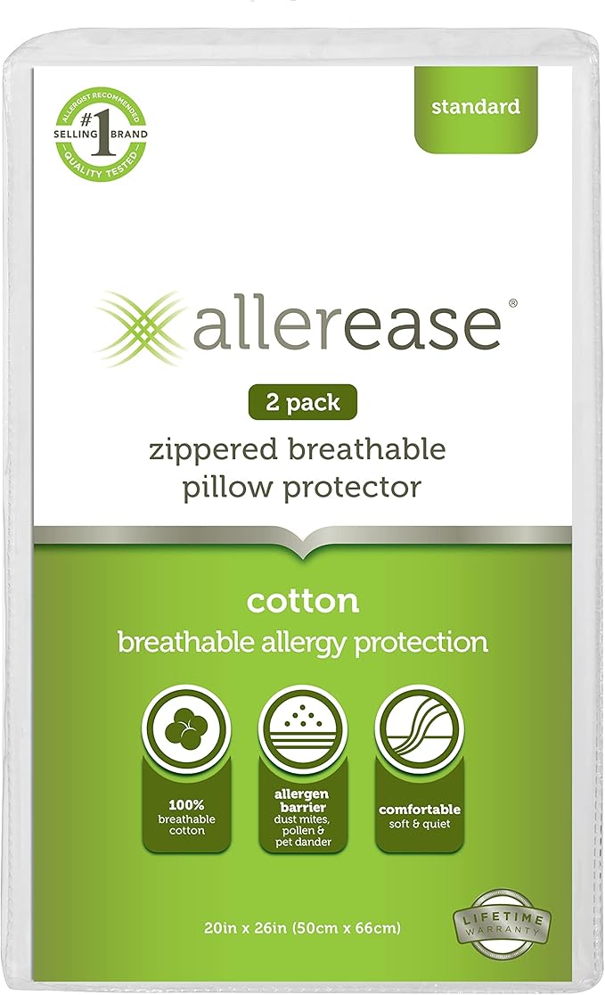 AllerEase 100% Breathable Cotton Pillow Protector for Sleeping, Standard 26" x 20" - 2 Pack