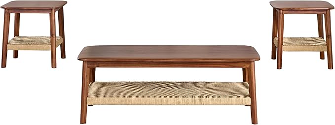 Alaterre Furniture Calais 3-Piece Solid Wood Coffee Table Set with 2 Side Tables – Mid Century Modern Living Room Tables with Woven Storage Shelves (Chestnut)