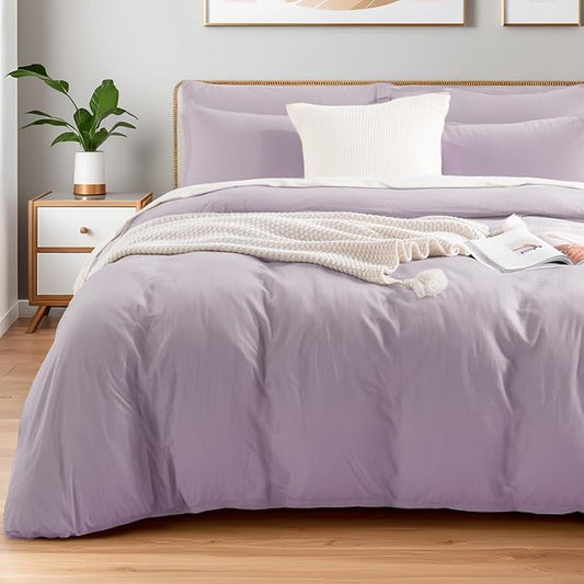 NEXHOME PRO Duvet Cover Set 100% Washed Cotton Full Size Linen Feel Textured Organic Natural 3 Pieces Bedding Set Lavender Lilac Purple with Zipper Closure and Corner Ties, Breathable(No Comforter)