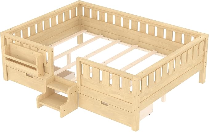 Bellemave Queen Bed with Storage Drawers & Bookshelf, Low Profile Kids Bed Frame with Staircase & Full Length Guardrails, Solid Wood Queen Bed for Kids with Slats Load 550LBS, Easy Assembly, Natural