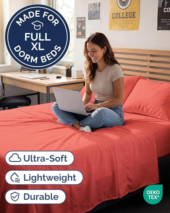 Full XL Bed Sheet - 4 Piece Full XL Bed Sheets Set - Ultra-Soft, Comfy, Breathable & Cooling - Hotel Luxury Bedding for Women & Men with Deep Pockets - Wrinkle Free & Fade Resistant - Oeko-Tex - Coral