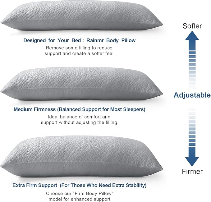 Rainmr Extra Long Body Pillow Memory Foam 180x50cm – Firm King Size Body Pillows for Adults – with Gray Cooling Cover 20 x 70 inches