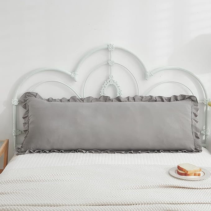 Shabby Chic 20x54in Light Grey Body Pillow Cover with Ruffled Fringe Decor