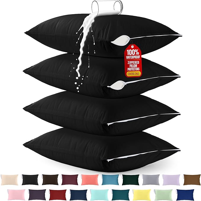 Utopia Bedding Premium 100% Waterproof Pillow Protectors with Zipper King Size (Set of 4), Bed Bug and Dust Mite Proof Zippered Pillow Covers, Pillow Encasement Cases, Black