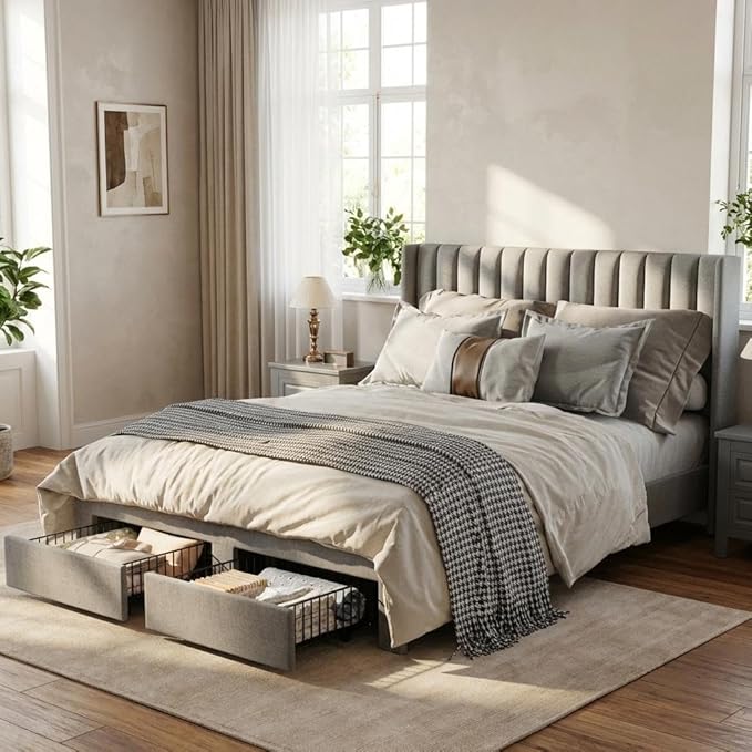 GAOMON Full Size Upholstered Platform Bed Frame with 2 Under-Bed Storage Drawers, Velvet Wingback Headboard, No Box Spring Needed, Sturdy & Noise-Free, Grey