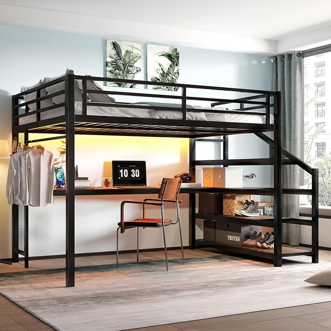Queen Size Loft Bed with Desk and Storage Stairs,Metal Heavy Duty Loft Bed Queen Size with LED Light, Charging Station, LoftBed Frames for Teens, Adults, No Box Spring Needed, Black