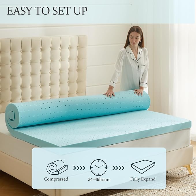 Eiayeebil 3 Inch Memory Foam Mattress Topper Full, Mattress Pad Gel Infused Foam Bed Topper, Ventilated Soft Blue,Full Size