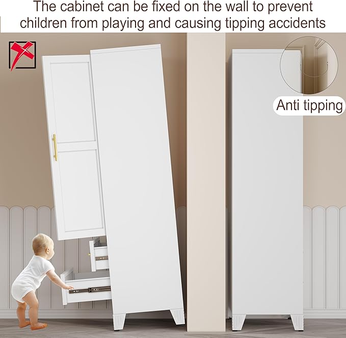 erosoei Metal Armoire Wardrobe Closet, 71 "Metal Clothing Storage Cabinet with Mirror and Adjustable Shelves, Household Steel Wardrobe Storage Cabinet with 2 Drawers and Hanging Rod(Armoire-White)