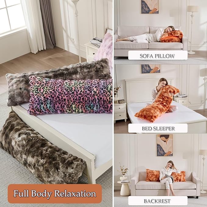 Luxury Shaggy Faux Fur Body Pillow,Fluffy Bed Pillow with Zipper Closure,Soft Decorative Plush Full Long Pillows,Fuzzy Hug Pillow for Living Room Side Sleeper & Pregnancy 20"x54" Tie-dye Burnt Orange