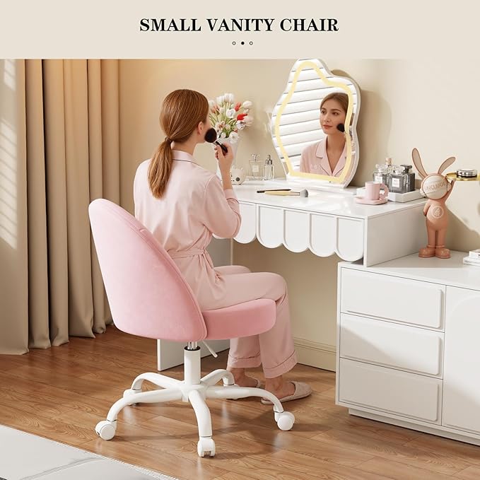 Velvet Vanity Chair with Wheels, Height Adjustable Swivel Makeup Chair, Armless Small Desk Chair for Bedroom/Office/Vanity Table, 250 lbs Capacity (Velvet, Pink)