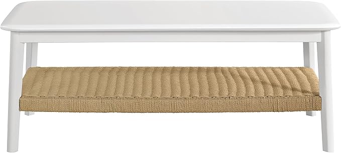 Alaterre Furniture Calais 48 Inch Rectangular Wood Coffee Table with Woven Storage Shelf – Mid Century Modern 2-Tier Living Room Table (White)