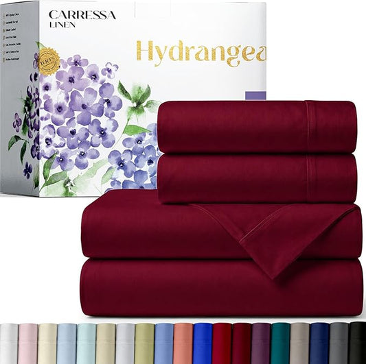 Carressa Linen 100% Egyptian Cotton Queen Sheet Set - 600 Series Hydrangeas Collection Egyptian Cotton Queen Sheets Set (4 PC, Burgundy), 16" Deep Pocket Sateen Weave Luxury Hotel Bed Sheet