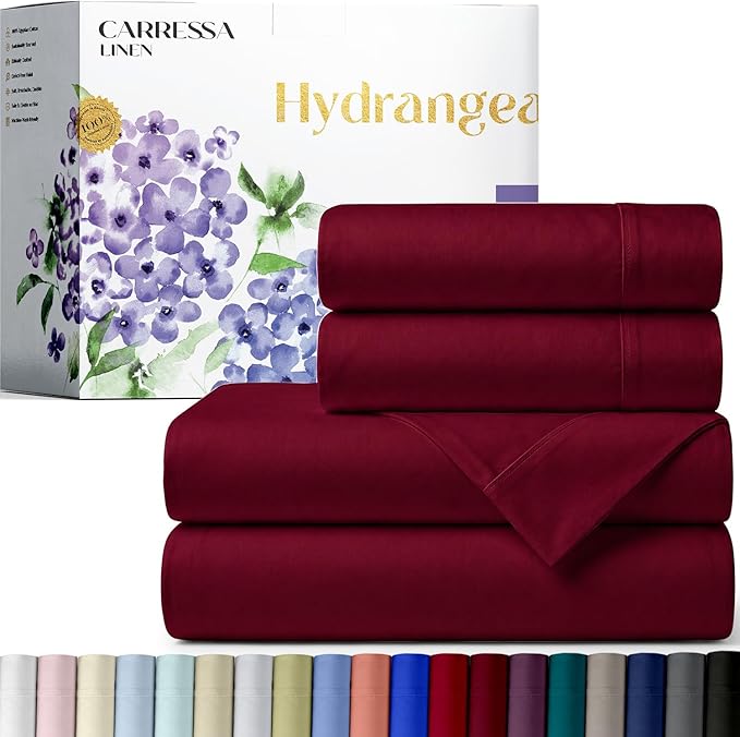 Carressa Linen 100% Egyptian Cotton King Size Sheets Set - 600 Series Hydrangeas Collection Egyptian Cotton Sheets King Size (4 PC, Burgundy), 16" Deep Pocket Sateen Weave Luxury Bed Sheet