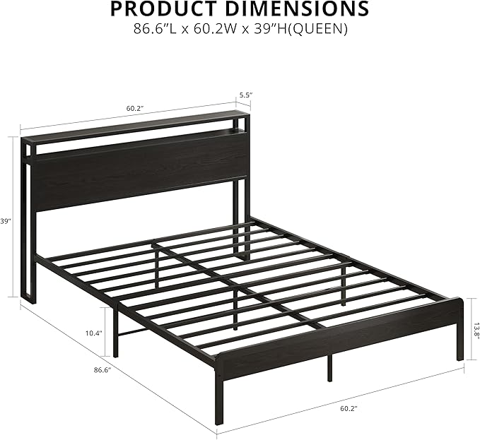LIKIMIO Queen Bed Frame with Headboard, Dark Wood Camas Queen with Strong Supports, Sturdy, Noise-Free, No Box Spring Needed, Classic Black