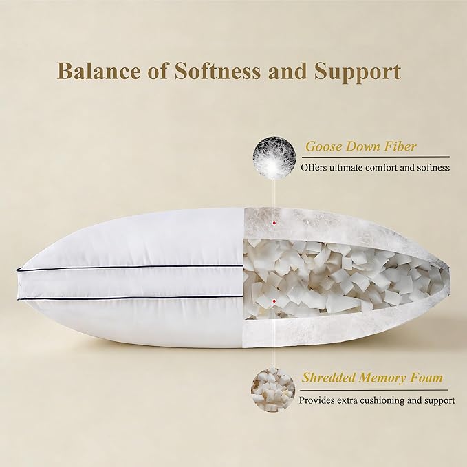 DOWNCOOL Goose Down Bed Pillows Queen Size Set of 2, Pillow Soft Support for Side, Back or Stomach Sleepers, for Better Sleep Experience, White 20" x 30"