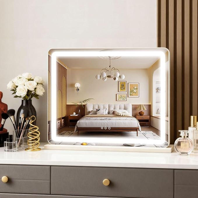 ROLOVE 23"x 18" Large Vanity Mirror with Lights, LED Makeup Mirror for Dresser and Desk, 10X Magnification, Dimmable Touch Control, Wall Mounted or Tabletop Mirror for Bedroom (White)