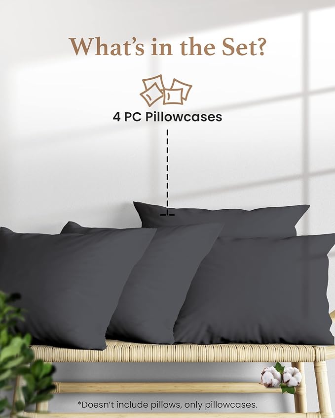 1000 TC Dark Gray Standard Pillowcases Set of 4 100% Egyptian Cotton Pillow Cases with Long Staple Cotton & Sateen Weave, Silky Soft Hotel - Like Bed Pillow Covers for Comfy Sleeping, Snug Fit