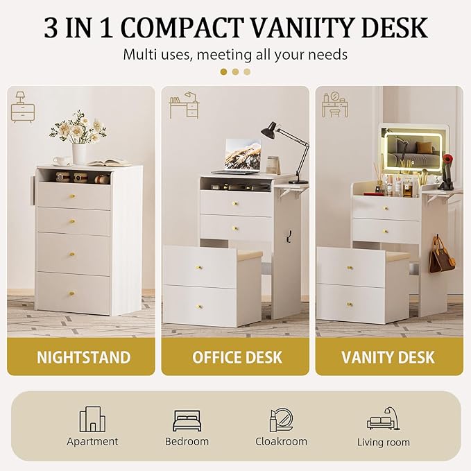 COMHOMA Makeup Vanity Desk with Mirror and Lights, Small 3 in 1 Vanity Table with Visible Glass Top, Flip Top & 3 Drawers, Compact Dresser with Storage Stool for Bedroom, Office or Nightstand