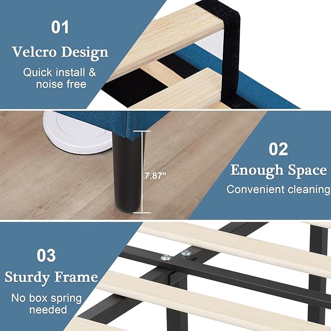 VECELO Queen Size Platform Bed Frame with Fabric Upholstered Headboard and Wooden Slats Support, No Box Spring Needed/Easy Assembly,Blue