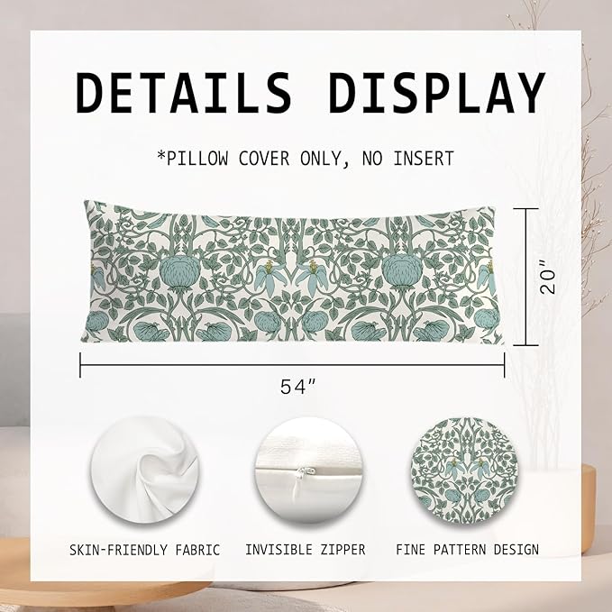 Vintage Green Floral 20x54 Body Pillow Cover, Cottagecore Room Decor, Retro Green Flowers Botanical Art Nouveau Decorative Long Body Pillow Cases for Bed Couch
