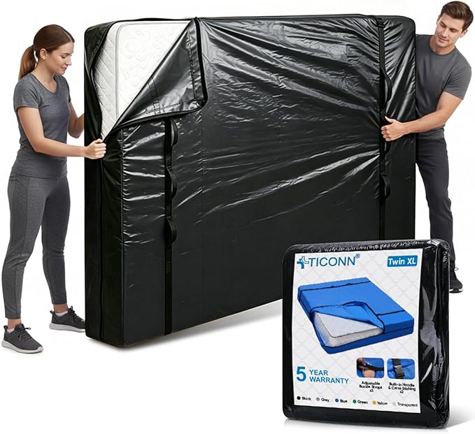 TICONN Mattress Bags for Moving, Heavy Duty Twin XL Mattress Cover Storage Bag with Full-Around Handle and Adjustable Buckles (Black, Twin XL)