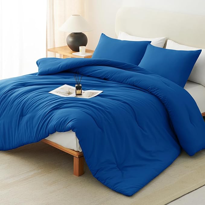 CozyLux Queen Comforter Set Classic Blue, 3 Pieces Solid Comforters Queen Size Breathable Bedding Sets, Luxury Soft Lightweight Bed Set with Down Alternative Comforter and 2 Pillowcases All Seasons