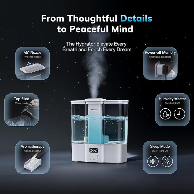 AEOCKY Geek-Level Humidifier for Baby, Quiet Ultrasonic Humidifiers for Bedroom, Nursery with Ambient Light, 4L Top-Fill Cool Mist Diffuser with Timer, Sleep, Auto, Constant Humidity Mode