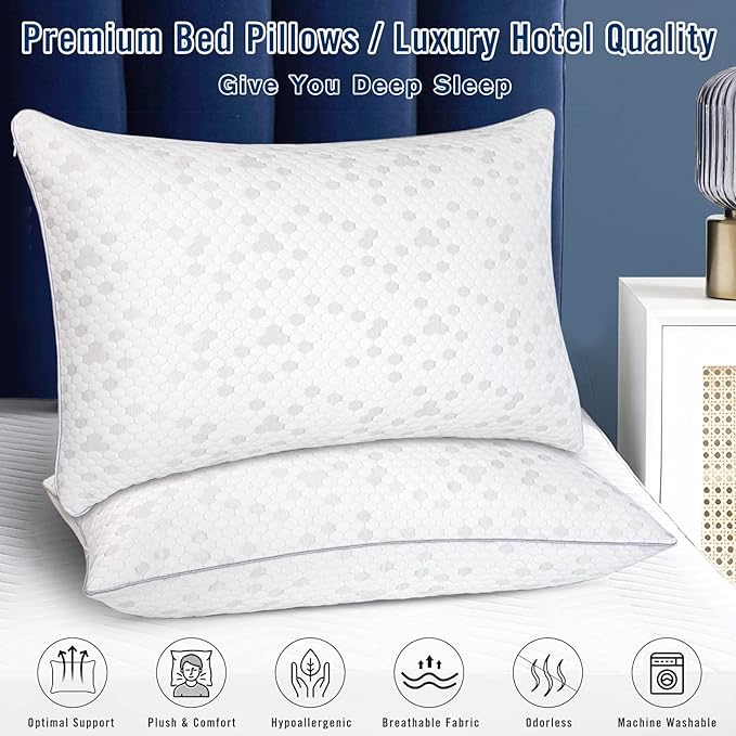 HIMOON Shredded Memory Foam Pillows, Medium Firm Queen Size Pillows 2 Pack,Couples Bed Pillows for Side Back Stomach Sleepers Set of 2