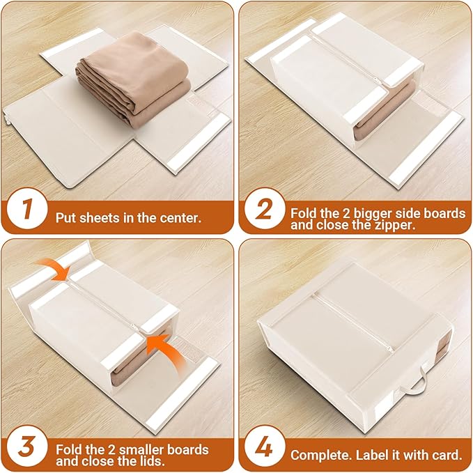 StorageTastic 8 Pack Bed Sheet Closet Organizers and Storage,Sturdy Foldable Storage Containers with Window and Label,Storage and Organization for Bedding Sheets,Duvet Covers,Blankets (Beige)