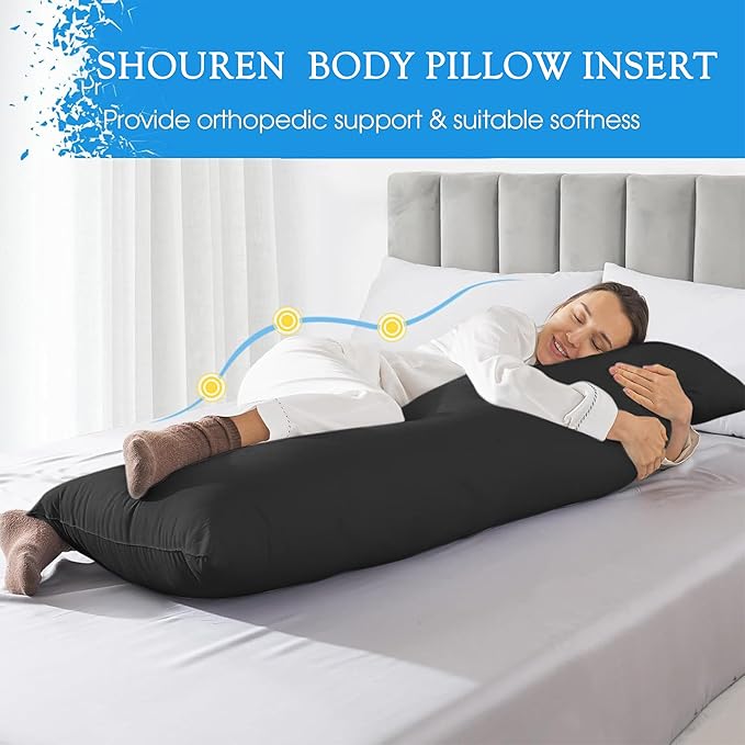 SHOUREN Cotton Memory Foam Body Pillow Insert (2 Pack)- Cooling Breathable Full Body Pillow for Side Sleeper - Soft Long Bed Pillow for Adults - 20 x 54 inch-Black