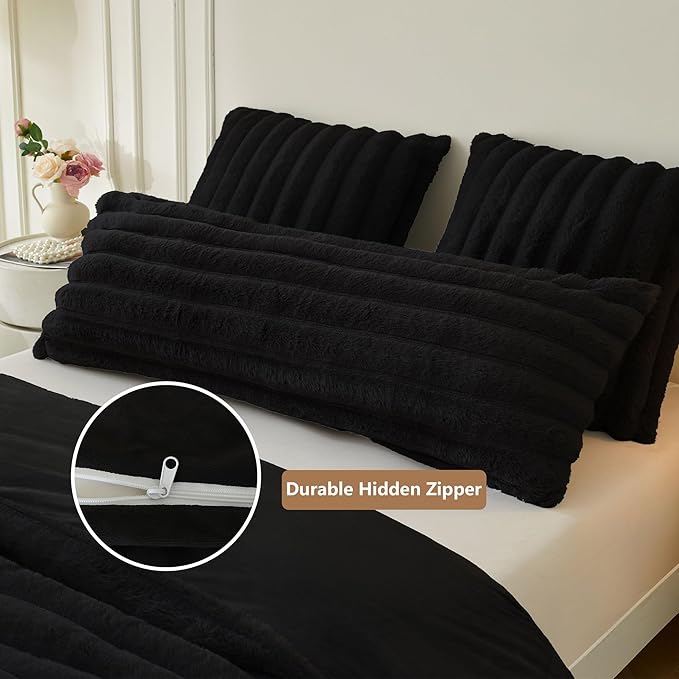 MEGO Soft Faux Rabbit Fur Body Pillow Cover 20"x54", Cozy Plush Fuzzy Striped Bed Pillowcase with Zipper, Shaggy Furry Ribbed Long Bolster Pillow Cover Decorative for Bed Couch Sofa Bedroom, Black