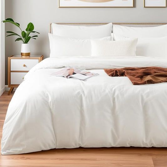 NEXHOME PRO Duvet Cover Set California King Linen Look Textured Cream White Organic Natural 100% Washed Cotton Duvet Cover 3 Pieces Bedding Set with Zipper Closure, Breathable, Soft (No Comforter)