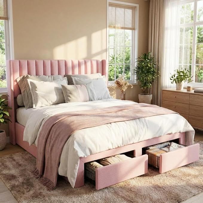 GAOMON Full Size Upholstered Platform Bed Frame with 2 Under-Bed Storage Drawers, Velvet Wingback Headboard, No Box Spring Needed, Sturdy & Noise-Free, Pink