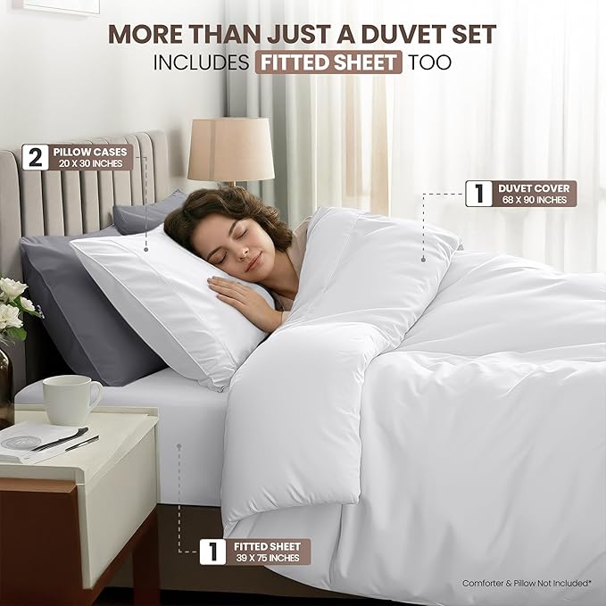 Utopia Bedding Duvet Cover Twin with Fitted Sheet (39x75) - 2 Pillow Case (20x30)- All Season Luxury Bed in a Bag with Zippered Duvet Cover - No Comforter (White)