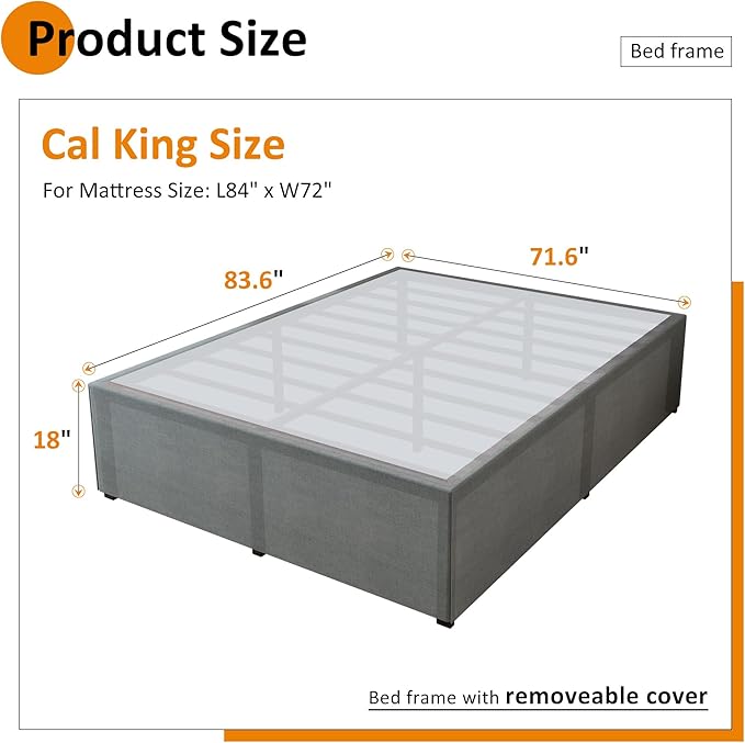 Maenizi California King Bed Frames with Fabric Cover, 18 Inch Heavy Duty Metal Platform Support Up to 3000 lbs with Steel Slat, No Box Spring Needed, Easy Assembly, Noise Free, Black