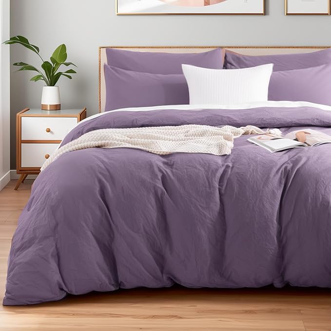 NEXHOME PRO Queen Duvet Cover Set, 100% Washed Cotton with Linen-Like Texture, Natural Organic, Breathable & Comfortable, Includes Home Bedding Set Dusty Purple (No Comforter) 9090