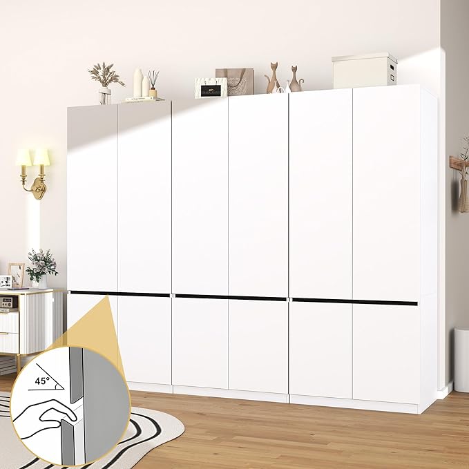 White Armoire Wardrobe Closet: 74" Wooden Wardrobe Closet with 6 Doors, Bedroom Armoires with Hanging Rod, Tall Closets Cabinet for Hanging Clothes (94.5")