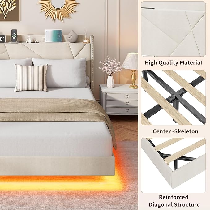 Garvee Full Size Floating Bed Frame with RGB LED Lights and Charging Station, Upholstered Platform Bed with Storage Headboard and Button Tufted Design, No Box Spring Needed, Beige