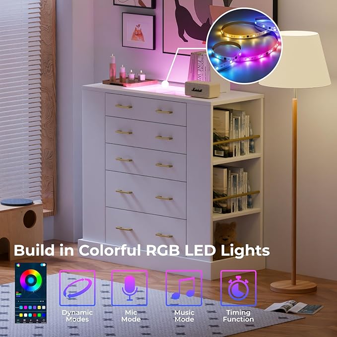 Closet Island with Glass Top, LED Lights and Jewelry Display, Bedroom Island with Open Shelves, Drawers Dresser & Walk-in Closet Island for Bedroom, Cloakroom, White 2