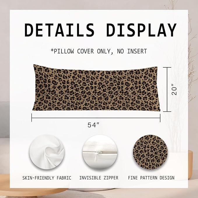 Leopard Print 20x54 Body Pillow Cover, Cheetah Print Room Decor, Trendy Wild Animal Print Aesthetic Decorative Long Body Pillow Cases for Girls Bedroom Dorm Apartment Bed Couch