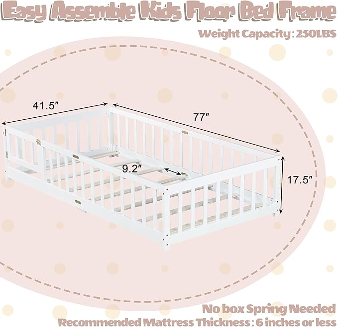 Bellemave Montessori Twin Floor Bed Frame with Fence and Removable Door, Low Profile Twin Size Montessori Bed Frame for Kids, Solid Wooden Floor Beds with Slats for Bedroom,Nursery, White