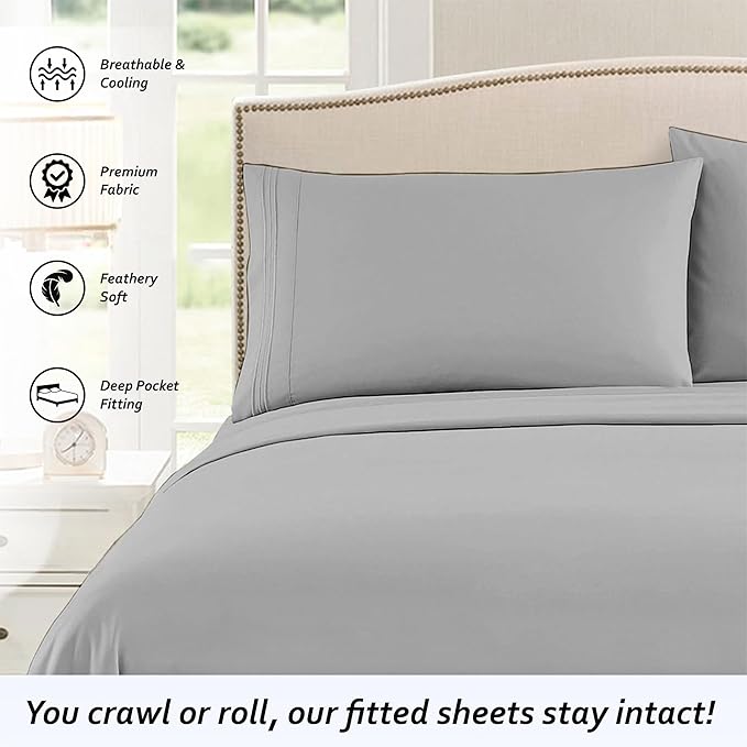 Queen RV Camper Sheet Set (60x80) – 100% Egyptian Cotton, Soft & Cooling, 16” Deep Pocket Fitted Sheet, Luxury Hotel Quality Bedding for RVs, Campers & Motorhomes (Light Grey Solid)