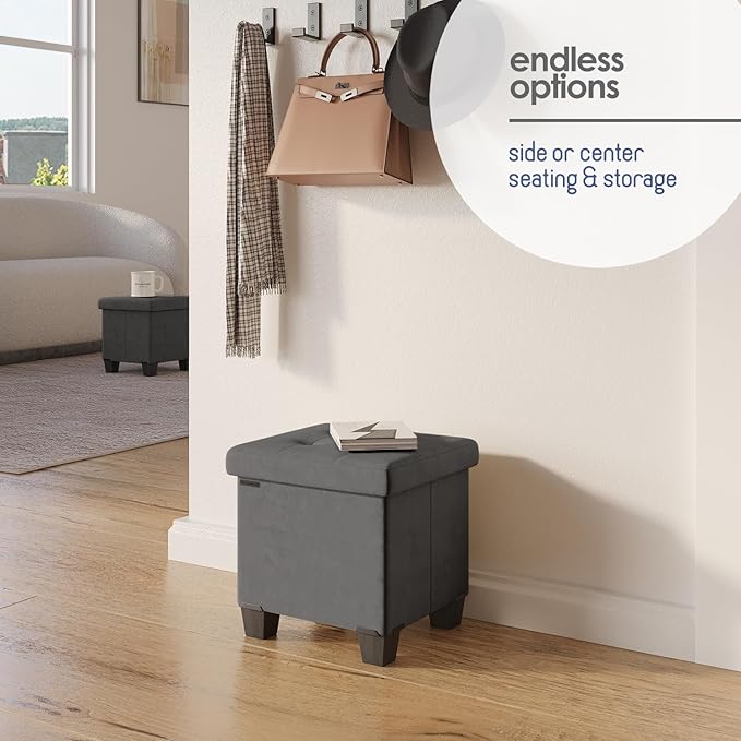 Storage Ottoman Cube with Small Bin, 15-in Square Ottoman with Storage for Living Room and Bedroom, Small Ottomans Foot Rest, Velvet Foot Stools Ottomans Max 330lbs, Grey