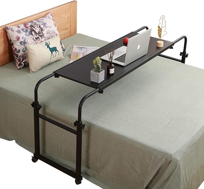 TigerDad Overbed Table with Wheels, Rolling Desk for King Queen Full Bed Heavy Duty, 55"-83" Adjustable Length & Height Hospital Nursing Table, Mobile Cross Bed Laptop Stand for Home Work, Black