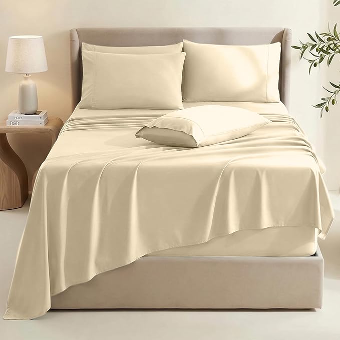 Hearth & Harbor Extra Deep Pocket King Size Sets - Fits Mattress 18-24 Inches Deep - Extra Deep Pocket Sheets - 6 Piece King Size - Cream