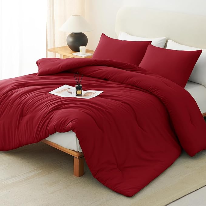 CozyLux Full Size Comforter Set Dark Red, 3 Pieces Solid Breathable Quilted Bedding Sets, Luxury Lightweight Soft Bed Set with Down Alternative Comforter and 2 Pillowcases for All Seasons