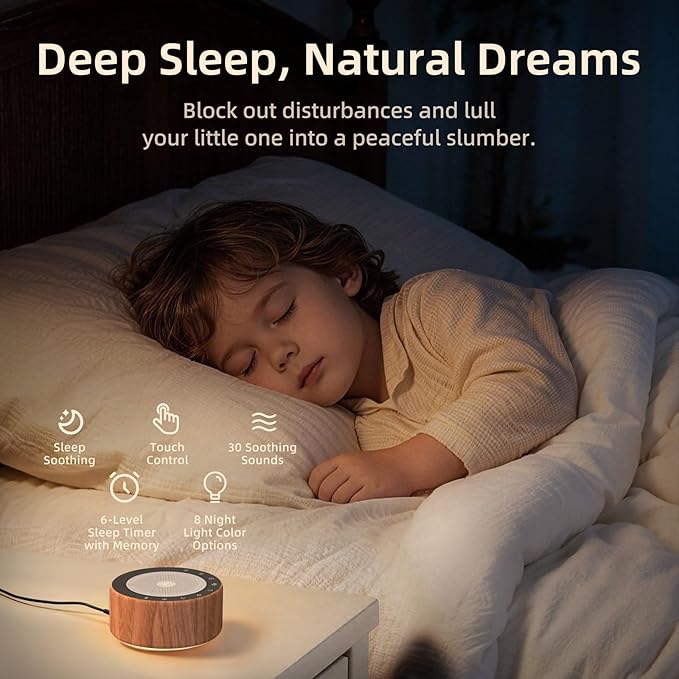 Kipcush White Noise Machine - Soft Non-Glare Nursery Lamp, 30 Soothing Sounds, 8 Color Lights, Max 8-Hour Timer for Baby & Adults (Walnut Wood, Standard)
