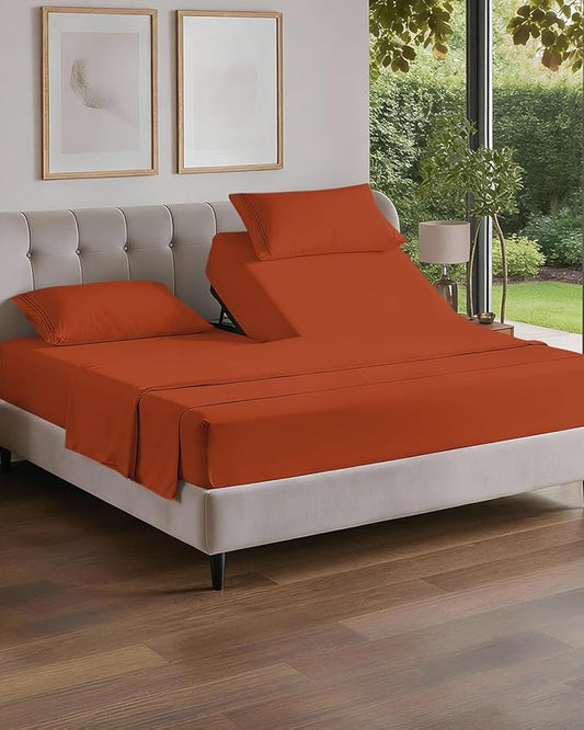 Flex Top Split Head King 4 Piece Sheet Set - Ultra-Soft, Breathable & Cooling Bed Sheets Set - Hotel Luxury Bedding for Women & Men with Deep Pockets - Wrinkle and Fade Free - Oeko-Tex - Terracotta