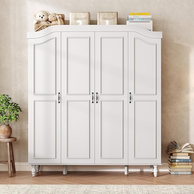 Arched Armoire Wardrobe Closet with 4 Doors, 71" H Wooden Large Capacity Wardrobe Cabinet with 2 Hanging Rods and 8 Shelves, Freestanding Armoire Storage Cabinet for Bedroom, Cloak Room, White